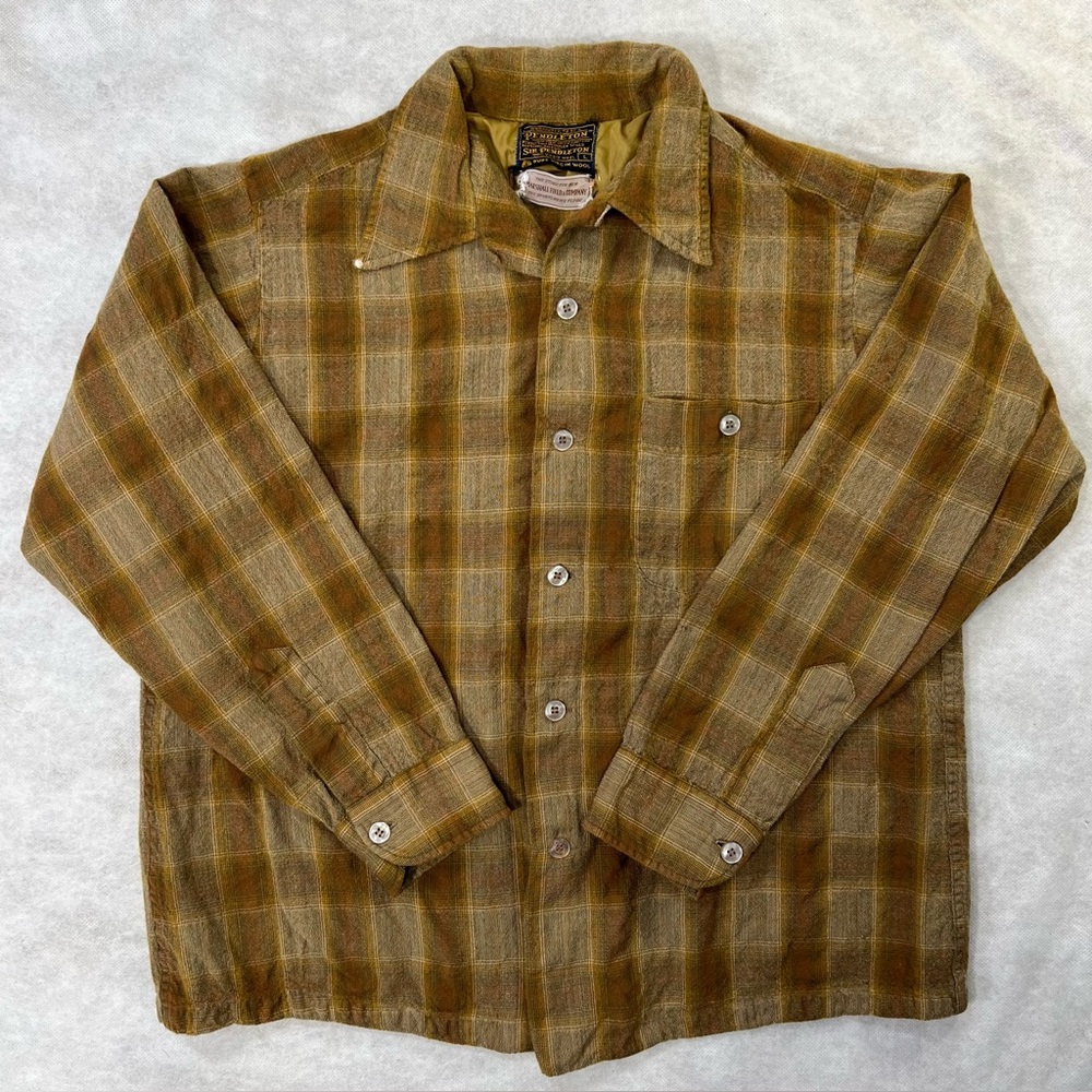 Vtg 60s Pendleton Board Shadow Plaid Wool Loop Collar Brown Single Pocket Mens L